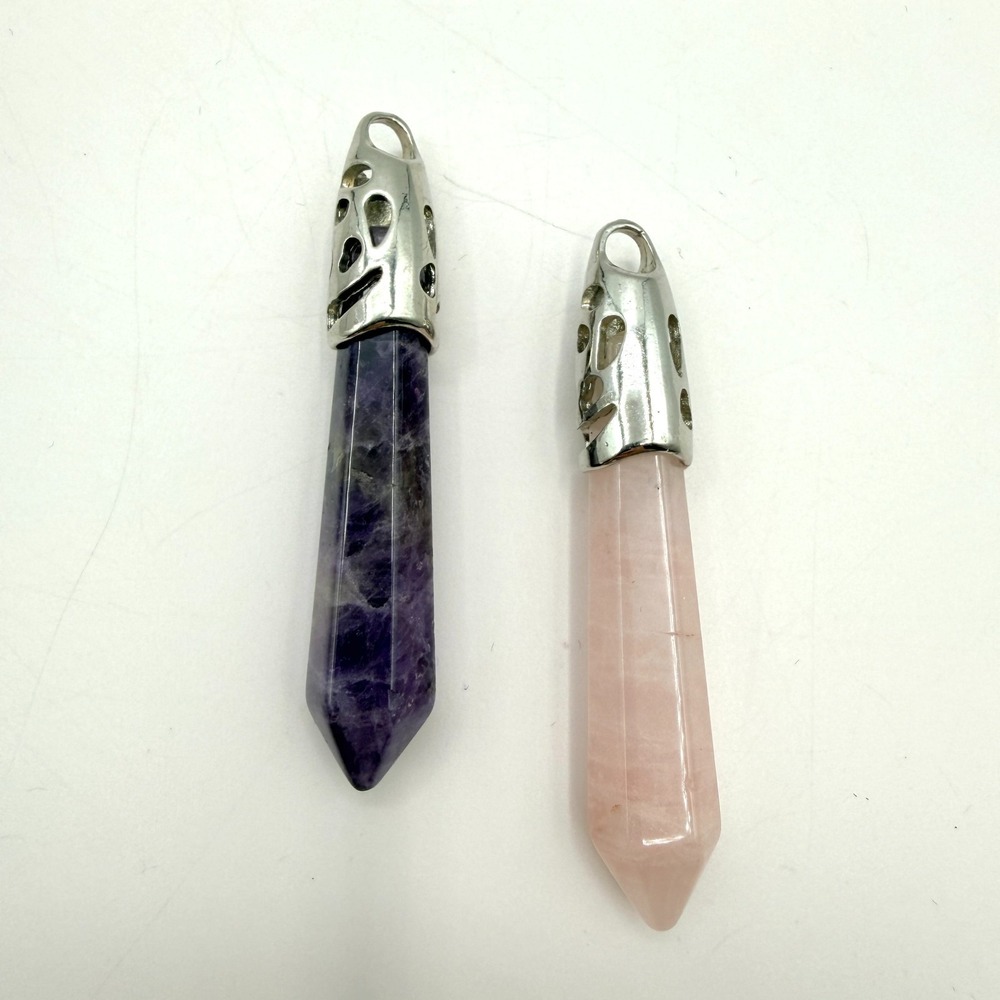 Vintage Silver Tone Amethyst Rose Quartz Crystal Pendant Lot - 2pc